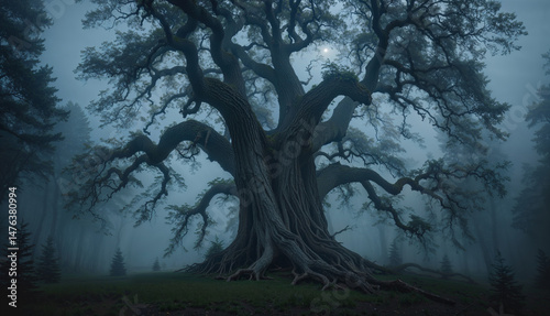 Ancient tree with twisted limbs in a foggy forest, glowing under soft moonlight in eerie calm.