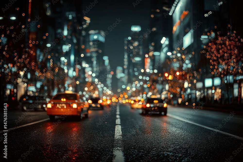 Obraz premium Nighttime Cityscape with Cars and Bright Urban Lights in a Busy Downtown Environment