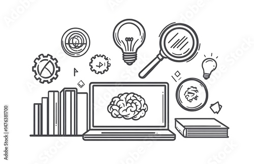 A vector illustration of an online course with icons for technology and education in the background in a white color theme and line art style The icon includes elements like a laptop books a lightbulb