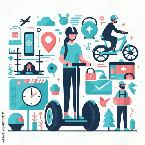 transport, segway, scooter, electric, vehicle, travel, technology, city, transportation, street, modern, lifestyle, balance, fun, vector, summer, urban, drive, isolated, wheel, illustration, board, to