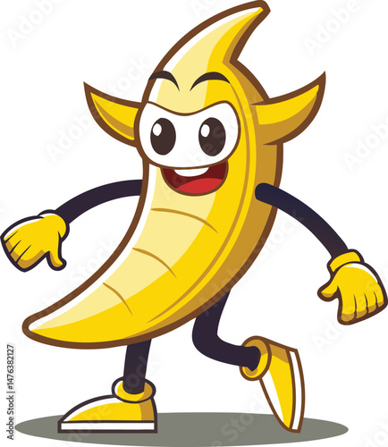 Cartoon banana mascot character in fun walking pose vector illustration