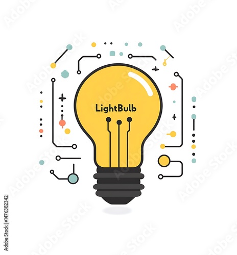 A yellow light bulb with circuit board lines inside a vector logo on a white background with a flat design simple shapes and forms and a minimalistic basic style Flat color blocks pastel