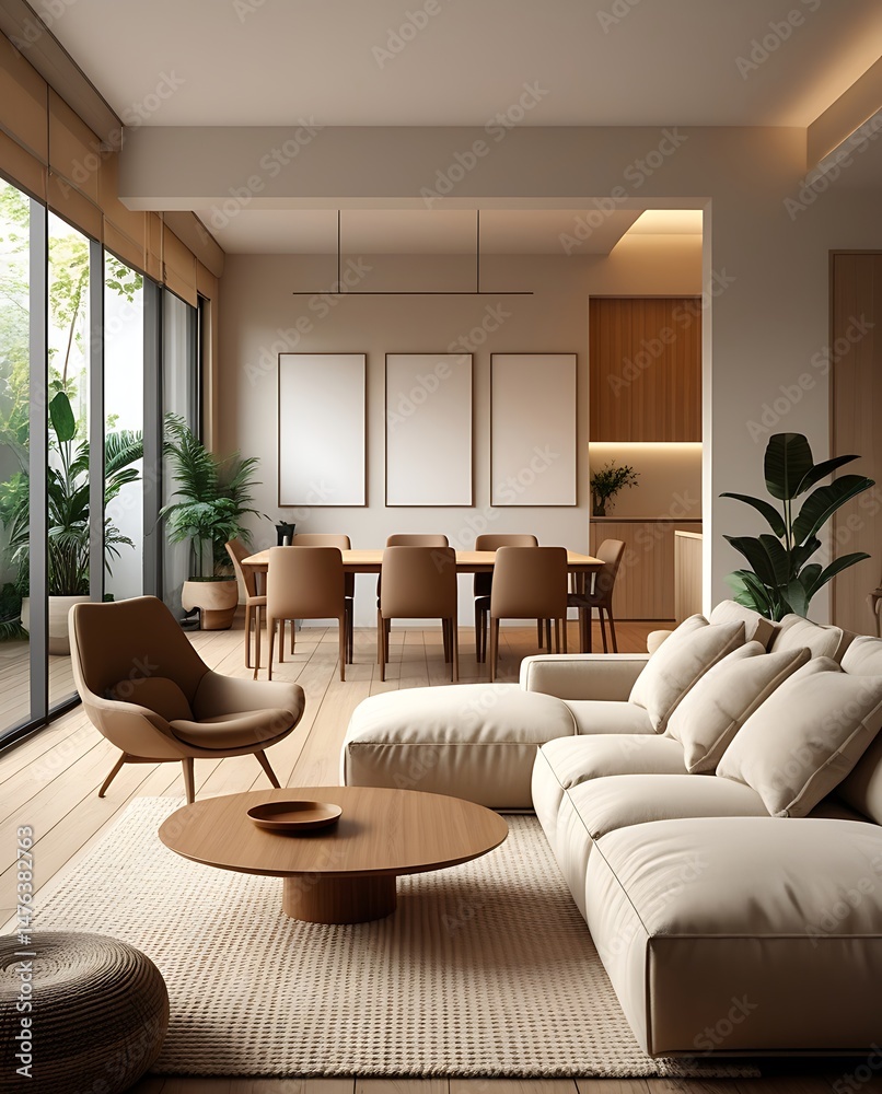 Fototapeta premium Contemporary open-plan interior featuring a soft beige couch, elegant dining area, wooden accents, houseplants, and serene lighting in a stylish modern apartment