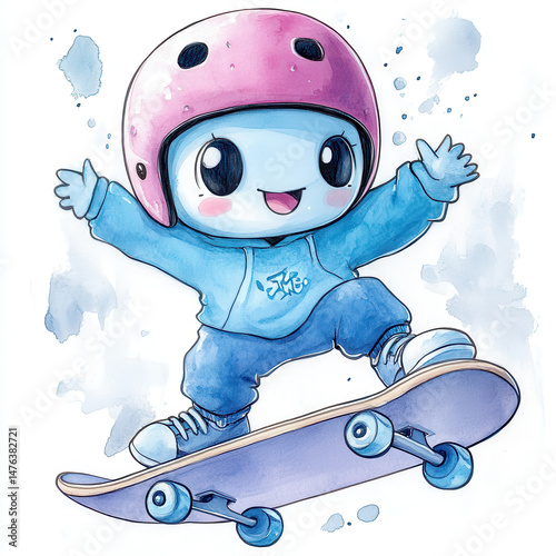 Cute cartoon character on skateboard wearing pink helmet photo