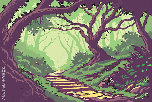57 photorealistic, lush forest pathway, dense foliage, warm lighting, vivid colors, intricate details, mesmerizing depth of field, magical atmosphere, enchanting scene, captivating landscape, dreamlik