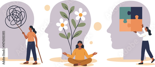 Mental health illustration set. Woman character solve mental problems, learn self accepting and how 2 find herself. Psychotherapy concept. Vector illustration