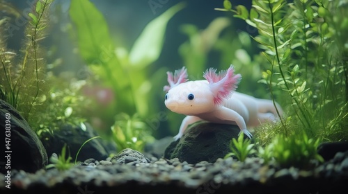 Closeup Axolotl in Aquarium. Wildlife photography concept.