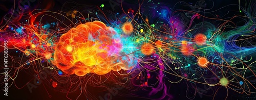 glowing neural layout, Colorful abstract representation of brain activity. digital brain mapping, artificial intelligence grid.