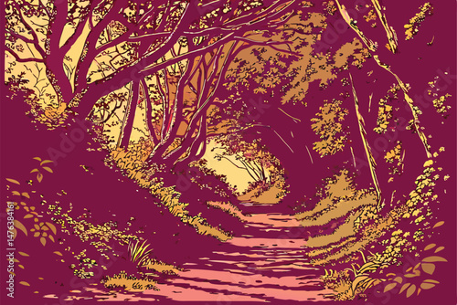 57 photorealistic, lush forest pathway, dense foliage, warm lighting, vivid colors, intricate details, mesmerizing depth of field, magical atmosphere, enchanting scene, captivating landscape, dreamlik