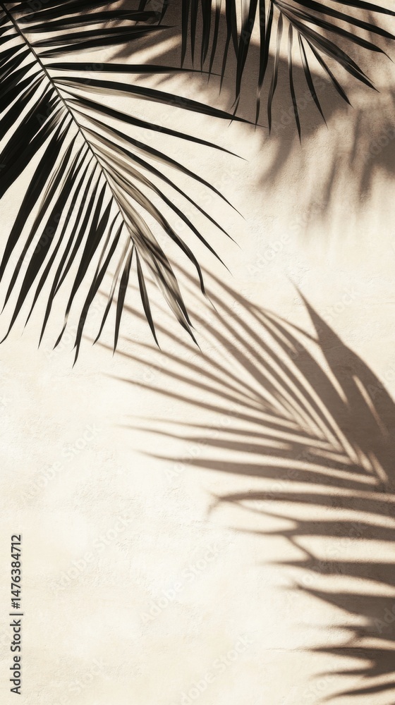 Obraz premium Sepia Palm Leaf Shadow Casting on Textured Wall Surface Overhead Shot Tropical Aesthetic Minimalist Style