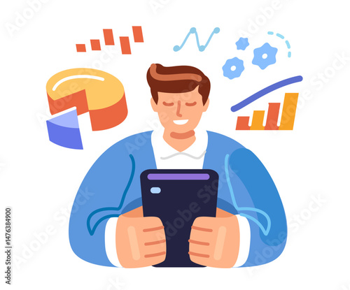 Online data statistics, analysis and management. Businessman analyzes business charts, manages finances using smartphone