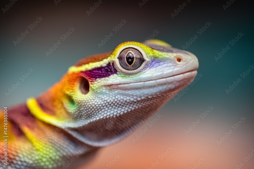 Obraz premium A close-up of a vibrant gecko displaying colorful patterns and intricate details.
