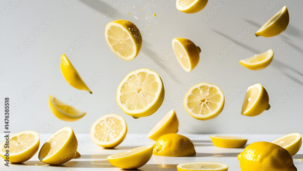 Fresh lemon slices in mid-air, cascading down against a bright white backdrop