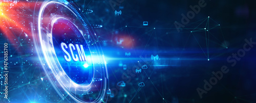 SCM - Supply Chain Management.  Supply Chain Management SCM. Aspects of Modern Company Logistics Processes. 3d illustration