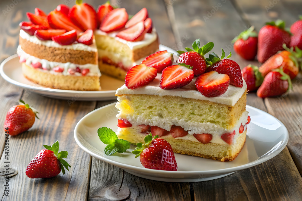 A sliced cake with strawberries on a plate for fresh and indulgent dessert photography A sliced cake with strawberries on a plate for fresh and indulgent dessert photography