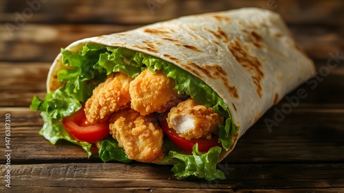 A crispy chicken wrap bursting with flavor, nestled on a rustic wooden background.  Its golden-brown. photo