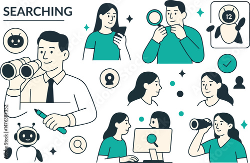 Search concept set. Collection of characters using artificial intelligence generative tools for searching or browsing internet. SEO concept. Vector illustration