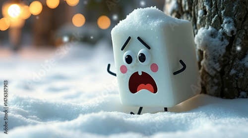 Animated sugar cube character panicking in snowy scene