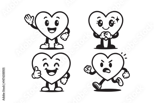 heart shape set funny cartoon mascot vector illustration