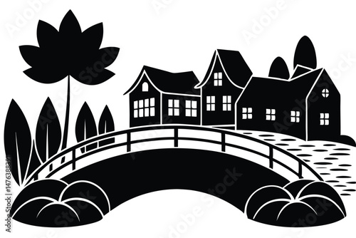 Cartoon vector illustration of a charming small house in a summer city landscape with trees and sky