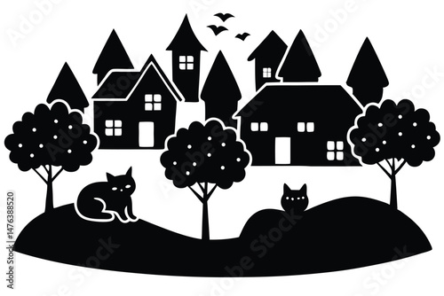 Cats playing in a snowy winter village landscape with festive Christmas decorations and a cozy house illustration