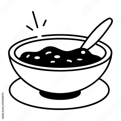 A doodle style icon of soup bowl with spoon 

