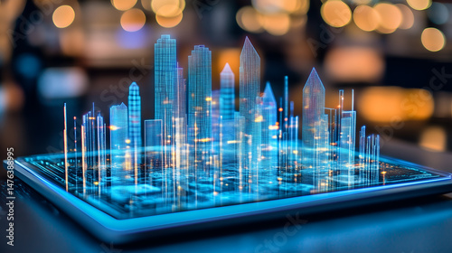 a digitally enhanced futuristic city view on a tablet, depicting a cityscape with glowing lines and virtual elements