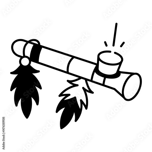 Sketchy style icon denoting peace pipe with feathers  
