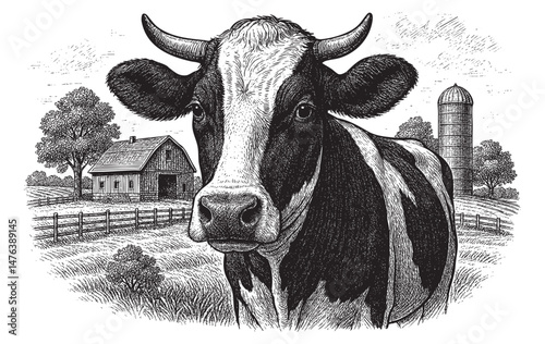 cow farm set woodcut engraving vector illustration