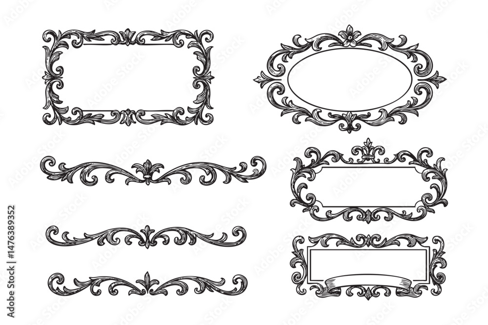 Obraz premium vintage flourish border badge frame set woodcut engraving vector illustration