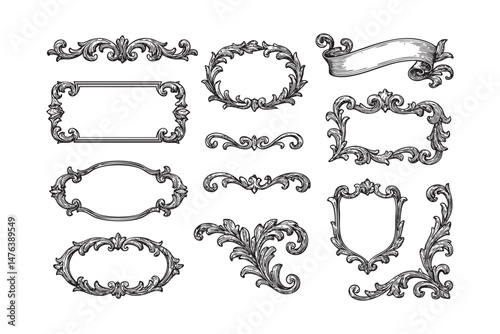 vintage flourish border badge frame set woodcut engraving vector illustration