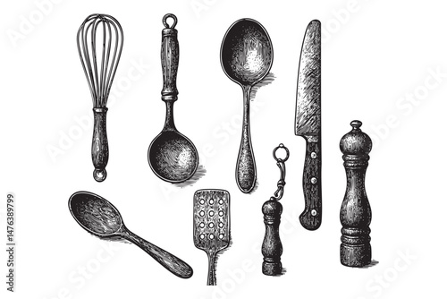 Kitchen utensils set woodcut engraving vector illustration