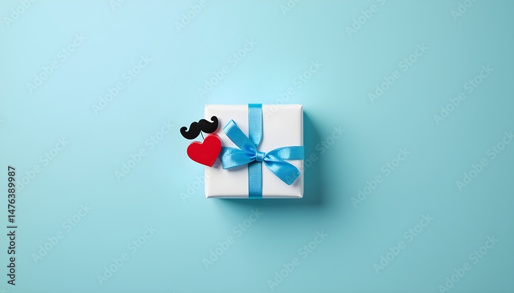 Obraz premium A white gift box with a blue ribbon and a red heart on a light blue background