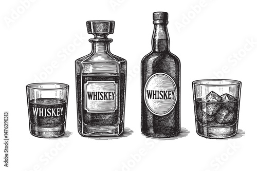 whiskey bottle and glass set woodcut engraving vector illustration