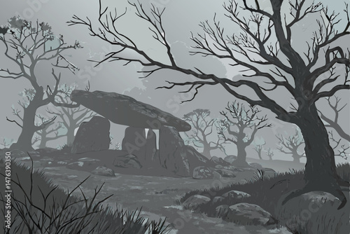 58 dramatic, dark and moody fantasy winter landscape, massive mysterious hovering stone structure, gnarled dead trees, overcast cloudy sky, cinematic lighting, hyper detailed, intricate, realistic