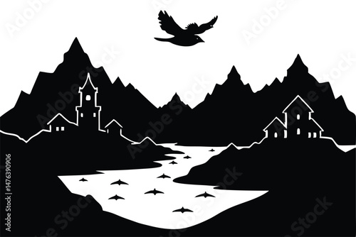 Silhouette of a Riverside Village with Distant Mountains – Peaceful Scenic View