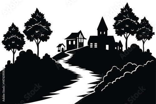 Silhouette of a Small Village with Rocky Paths and Trees – Quiet Countryside Life