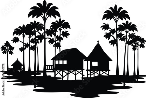 Silhouette of a Small Village with Stilt Houses – Traditional Riverside Architecture