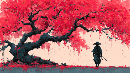 Lone ronin under vibrant red maple tree, abstract watercolor art, tranquil, autumn scene