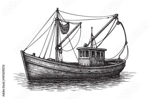 fishing boat set woodcut engraving vector illustration