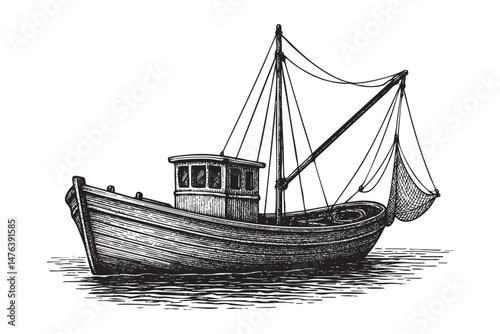 fishing boat set woodcut engraving vector illustration