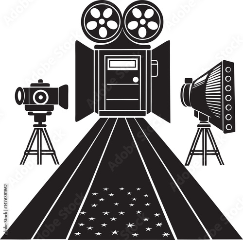 Stylized entertainment industry artwork showing movie equipment and theater stage in clean silhouette style.