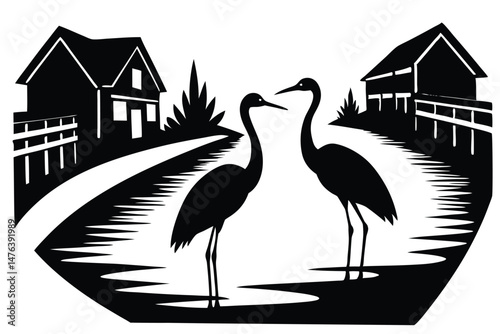 Silhouette Vector of a Village Canal with Herons – Serene Nature Illustration