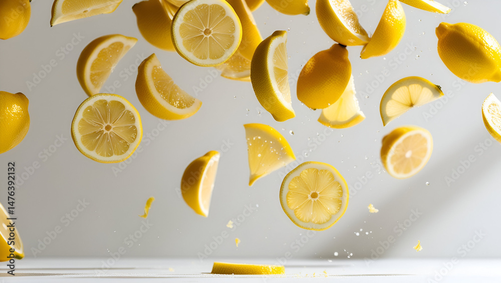 Floating lemon slices captured while falling, set against a plain white background