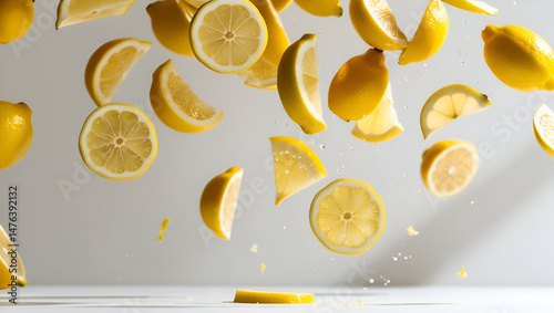 Obraz na płótnie Floating lemon slices captured while falling, set against a plain white background w salonie