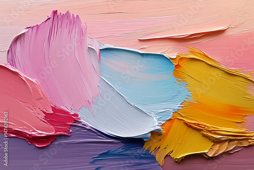 Abstract color swatches and paintbrush strokes in soft pastel colors of pink, blue, yellow, orange, purple, and white, creating a smooth and serene oil painting composition