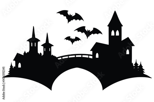 Silhouette Village with Stone Bridges and Trees – Monoline Rural Scene