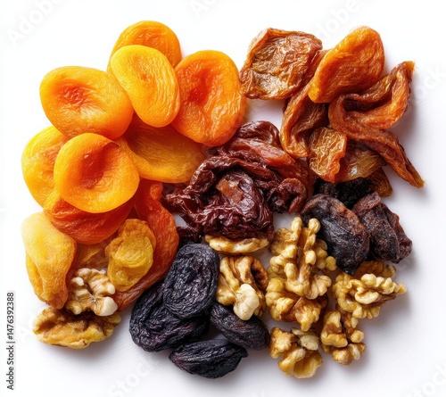 Colorful assortment of dried fruits and nuts with apricots, figs, raisins, walnuts, and dates arranged attractively on a white background