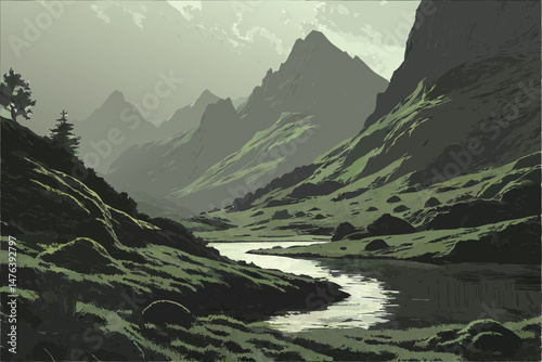 59 moody dramatic landscape, lush green moss covered hills, towering misty mountains, serene lake, atmospheric lighting, photorealistic, cinematic, highly detailed