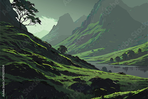 59 moody dramatic landscape, lush green moss covered hills, towering misty mountains, serene lake, atmospheric lighting, photorealistic, cinematic, highly detailed